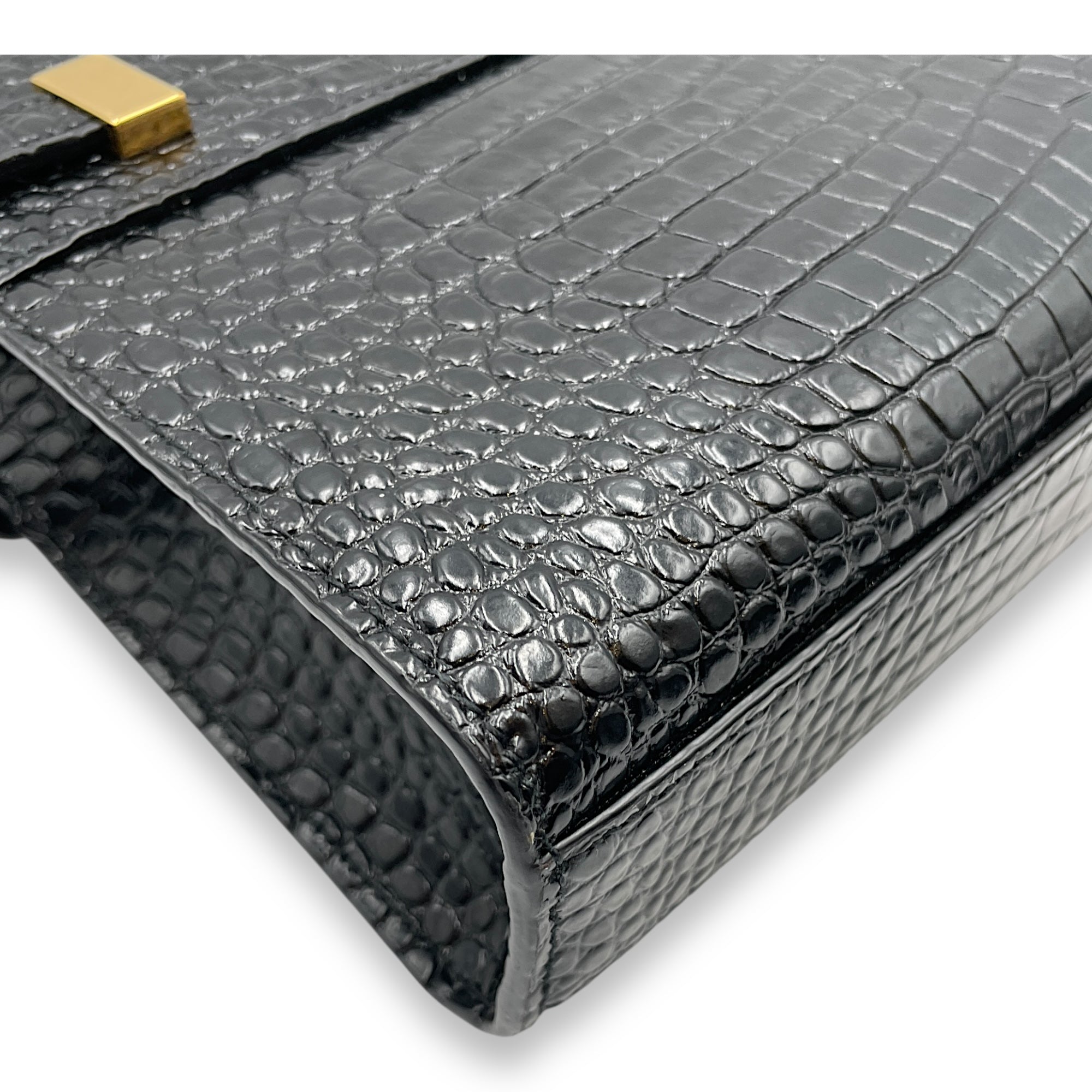 Croc Embossed Manhattan Black Shoulder Bag, Gold hardware