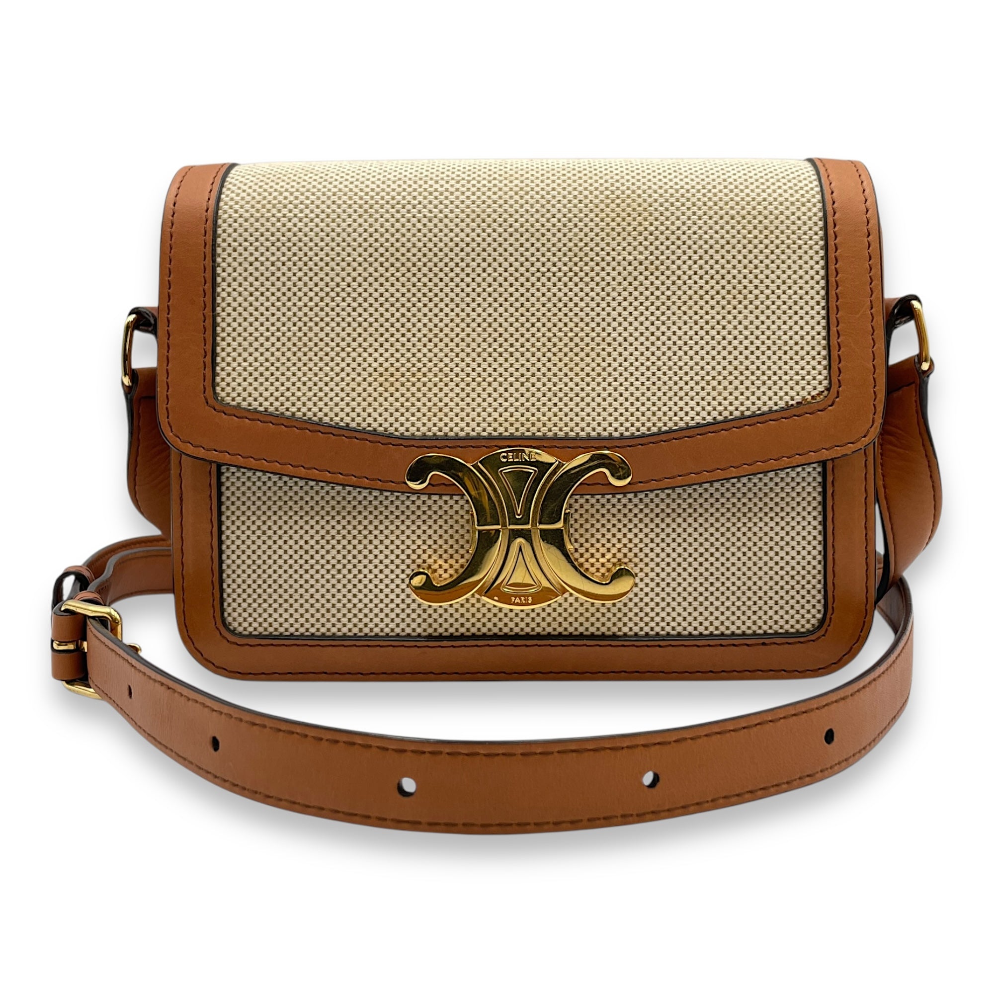 Triomphe Teen Beige Crossbody Bag in Canvas, Gold hardware