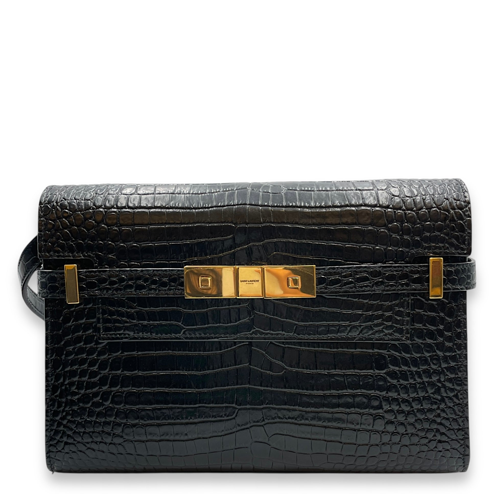 Croc Embossed Manhattan Black Shoulder Bag, Gold hardware