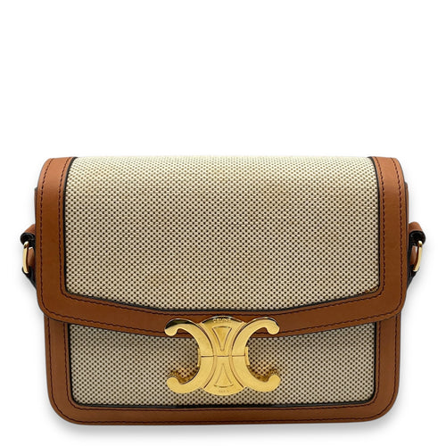 Triomphe Teen Beige Crossbody Bag in Canvas, Gold hardware