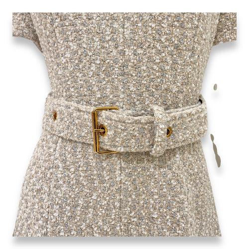 Tweed Belted Dress 34 Beige Ready-To-Wear , Gold hardware