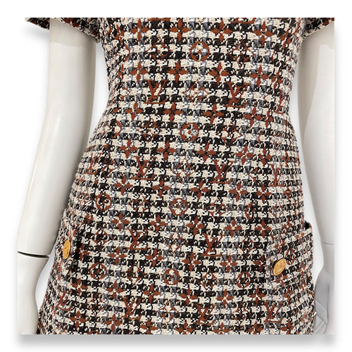 Mohair Blend Logo Button Monogram Short Sleeve Tweed Dress 34 Multi-Color Ready-To-Wear