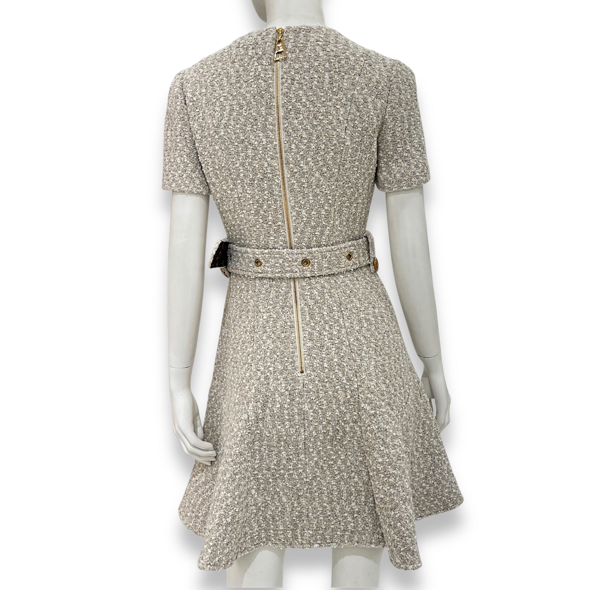 Tweed Belted Dress 34 Beige Ready-To-Wear , Gold hardware