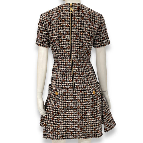 Mohair Blend Logo Button Monogram Short Sleeve Tweed Dress 34 Multi-Color Ready-To-Wear