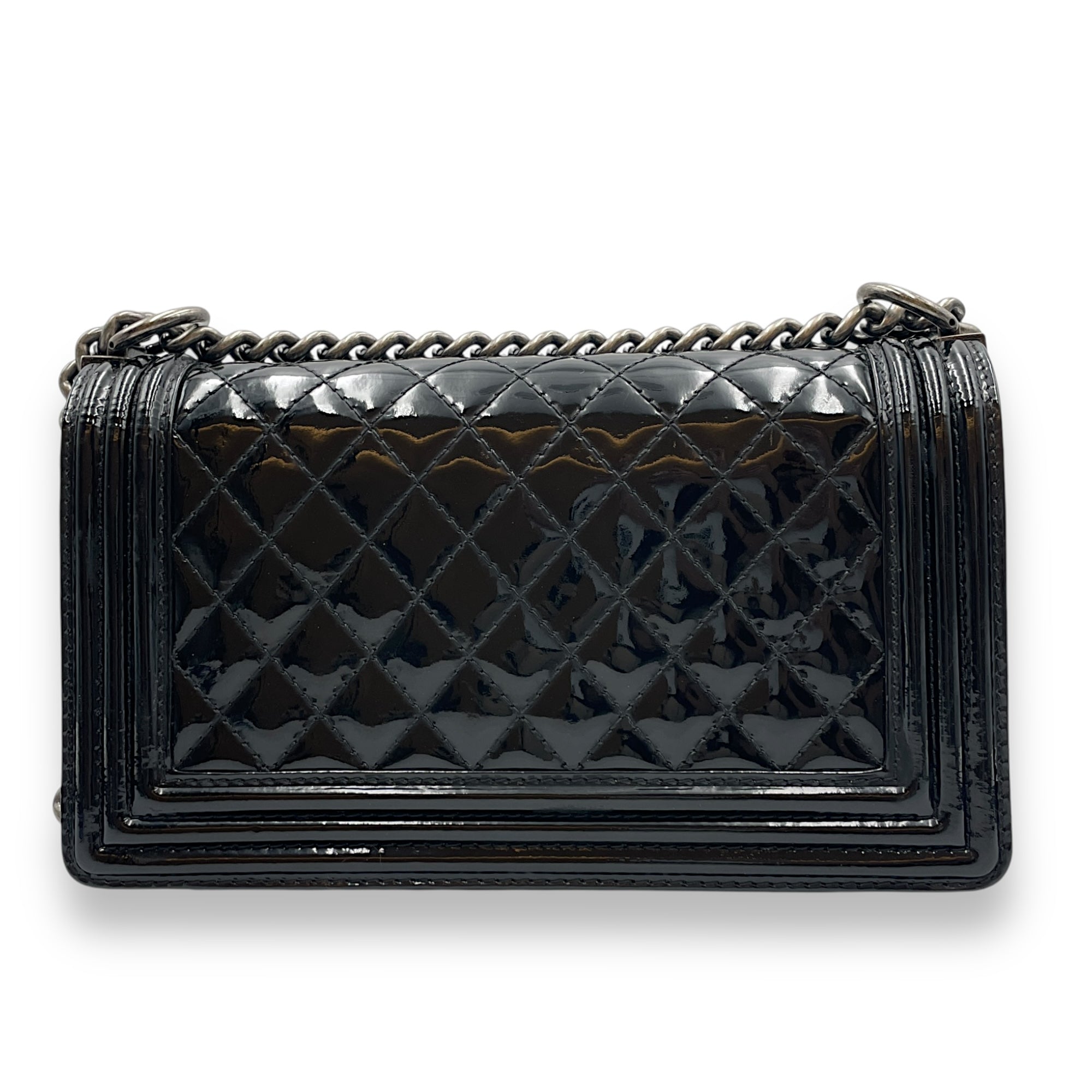 Le Boy Medium Black Flap Bag in Patent Leather, Silver hardware