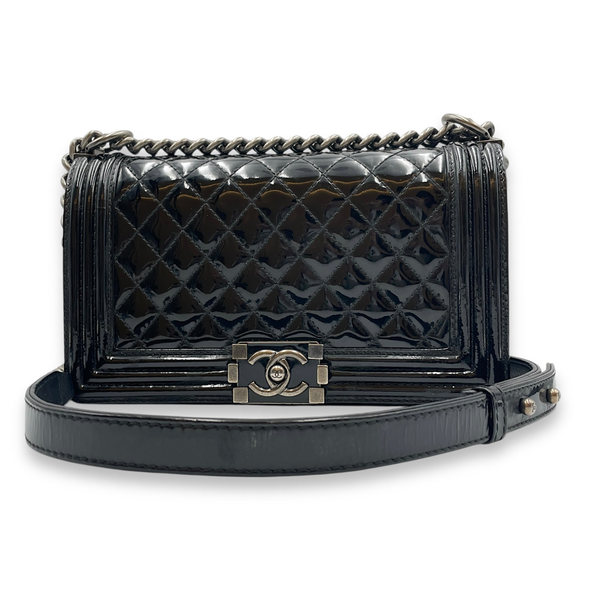 Le Boy Medium Black Flap Bag in Patent Leather, Silver hardware