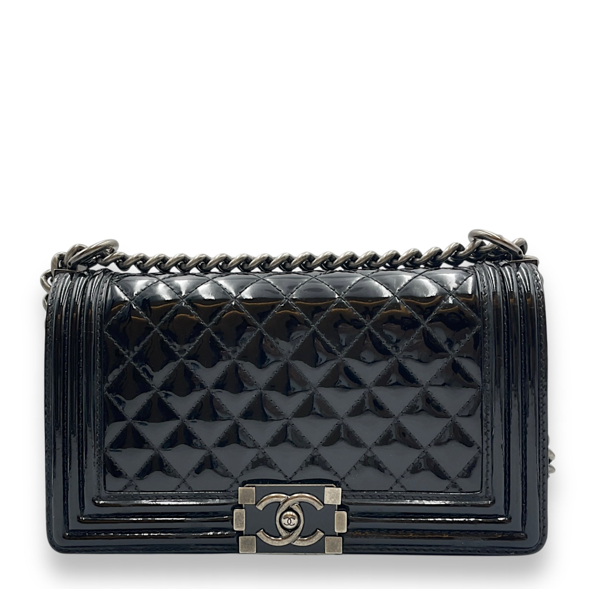 Le Boy Medium Black Flap Bag in Patent Leather, Silver hardware