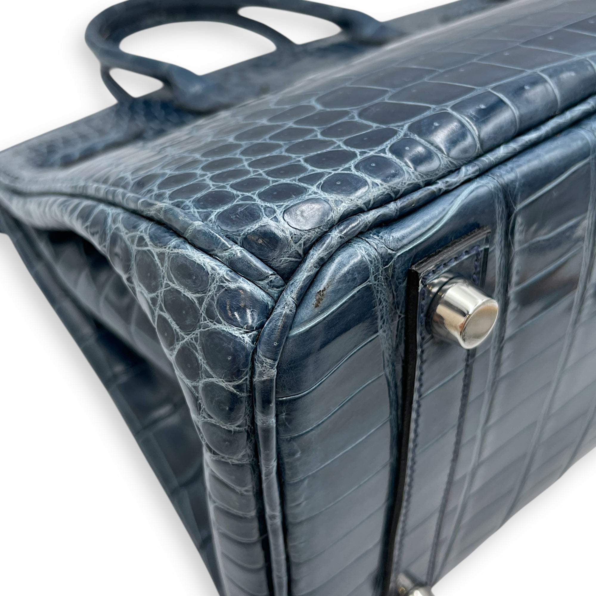 Birkin 30 Blue Tempete in Shiny Porosus, Palladium hardware