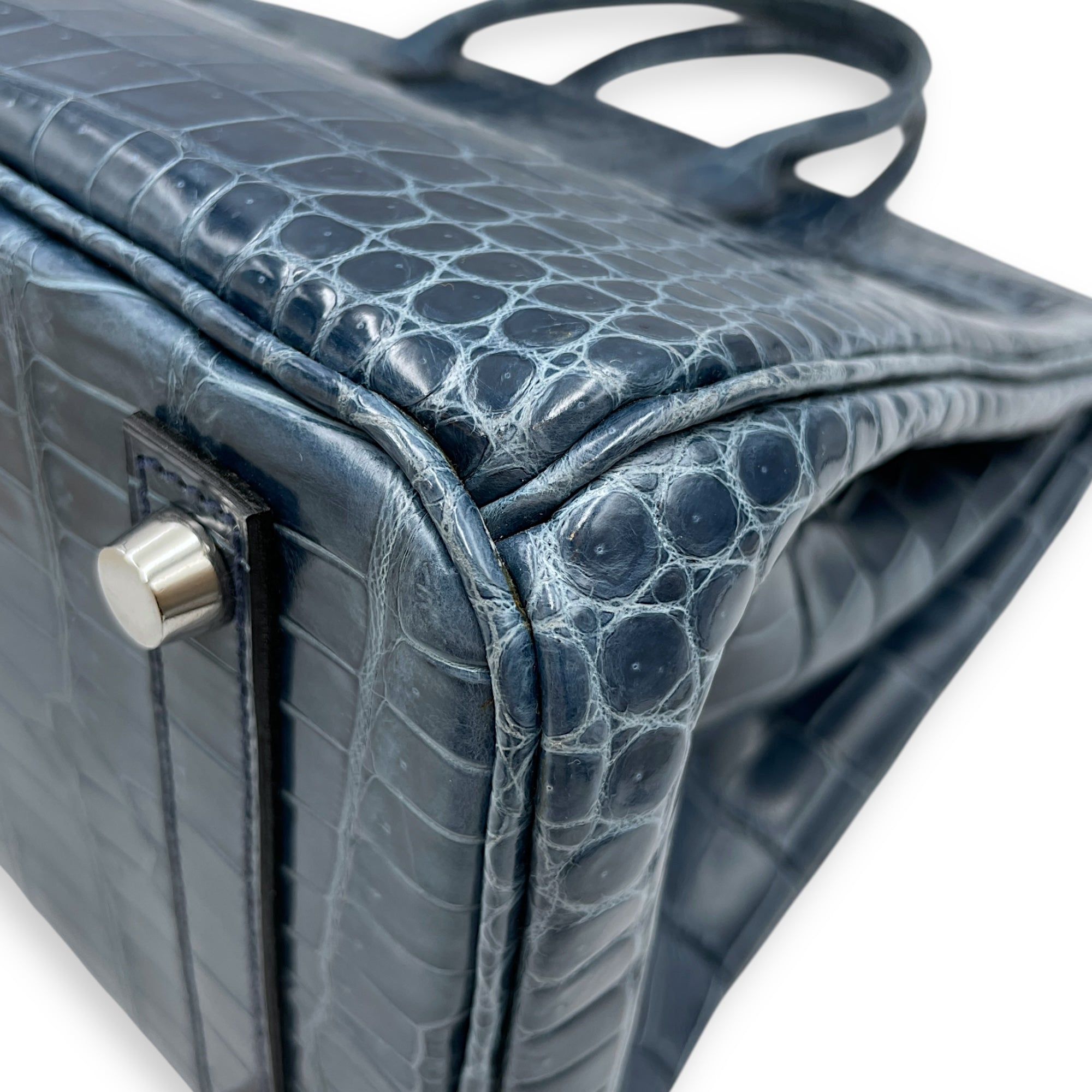 Birkin 30 Blue Tempete in Shiny Porosus, Palladium hardware