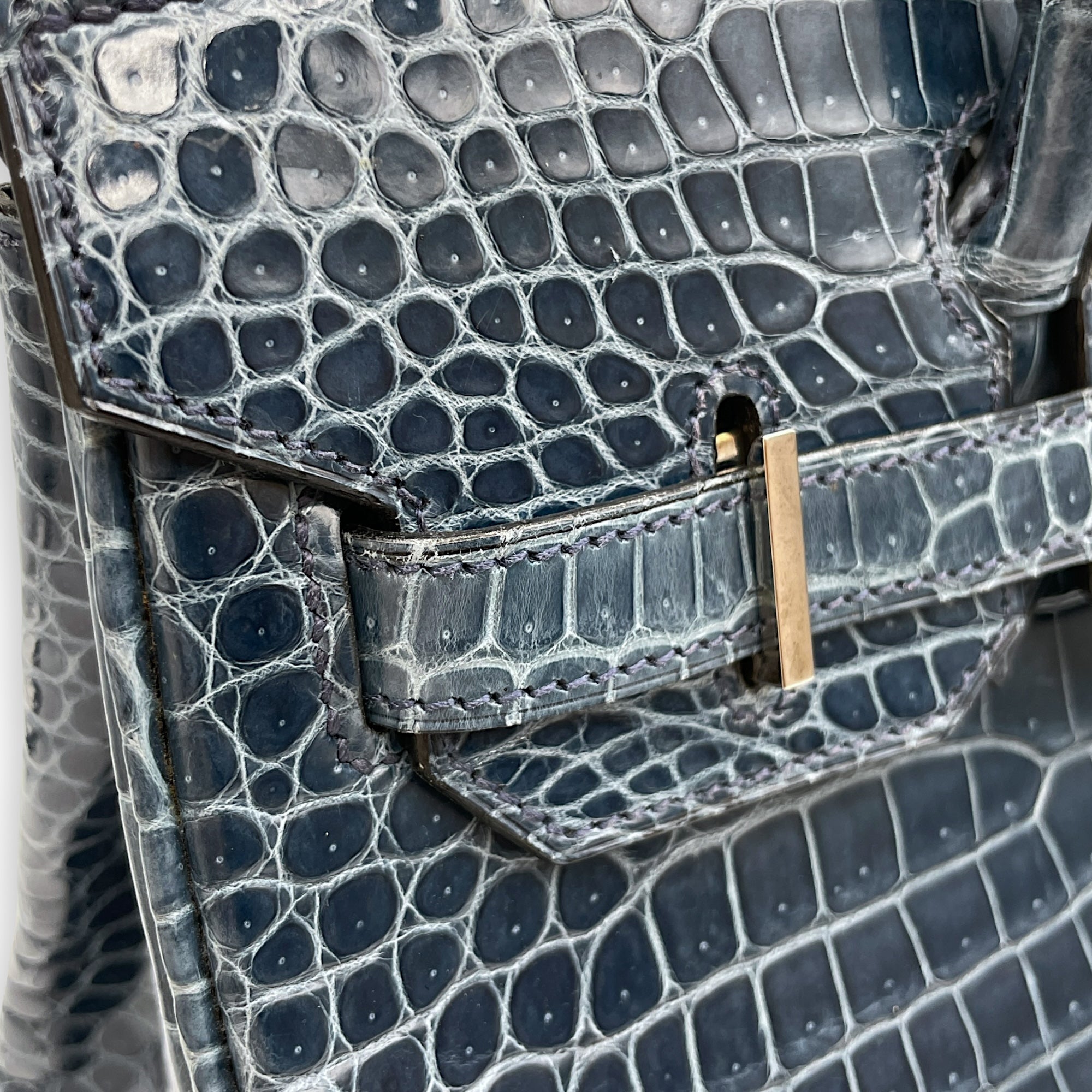 Birkin 30 Blue Tempete in Shiny Porosus, Palladium hardware