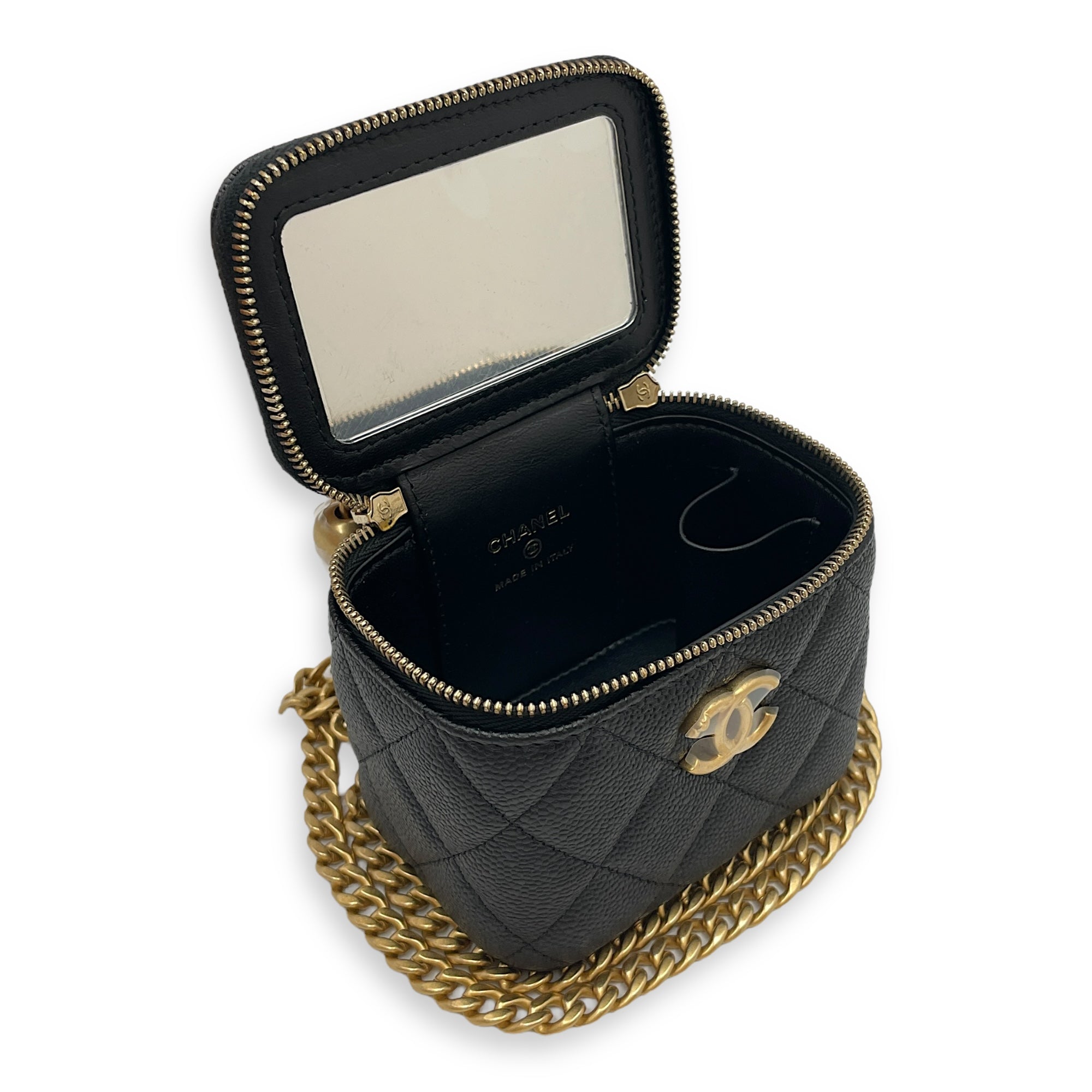 Heart Shaped Crush Chain Mini Black Vanity Bag in Caviar Leather, Gold hardware