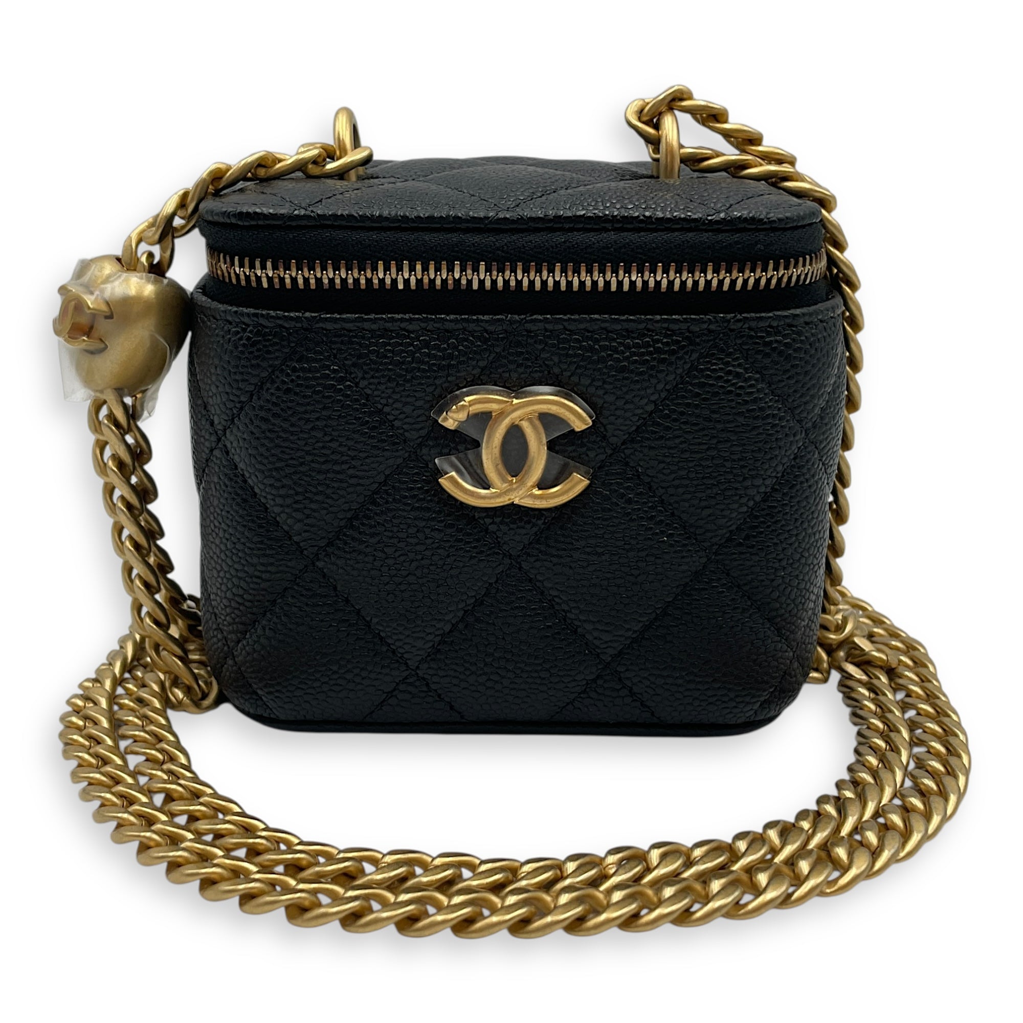 Heart Shaped Crush Chain Mini Black Vanity Bag in Caviar Leather, Gold hardware