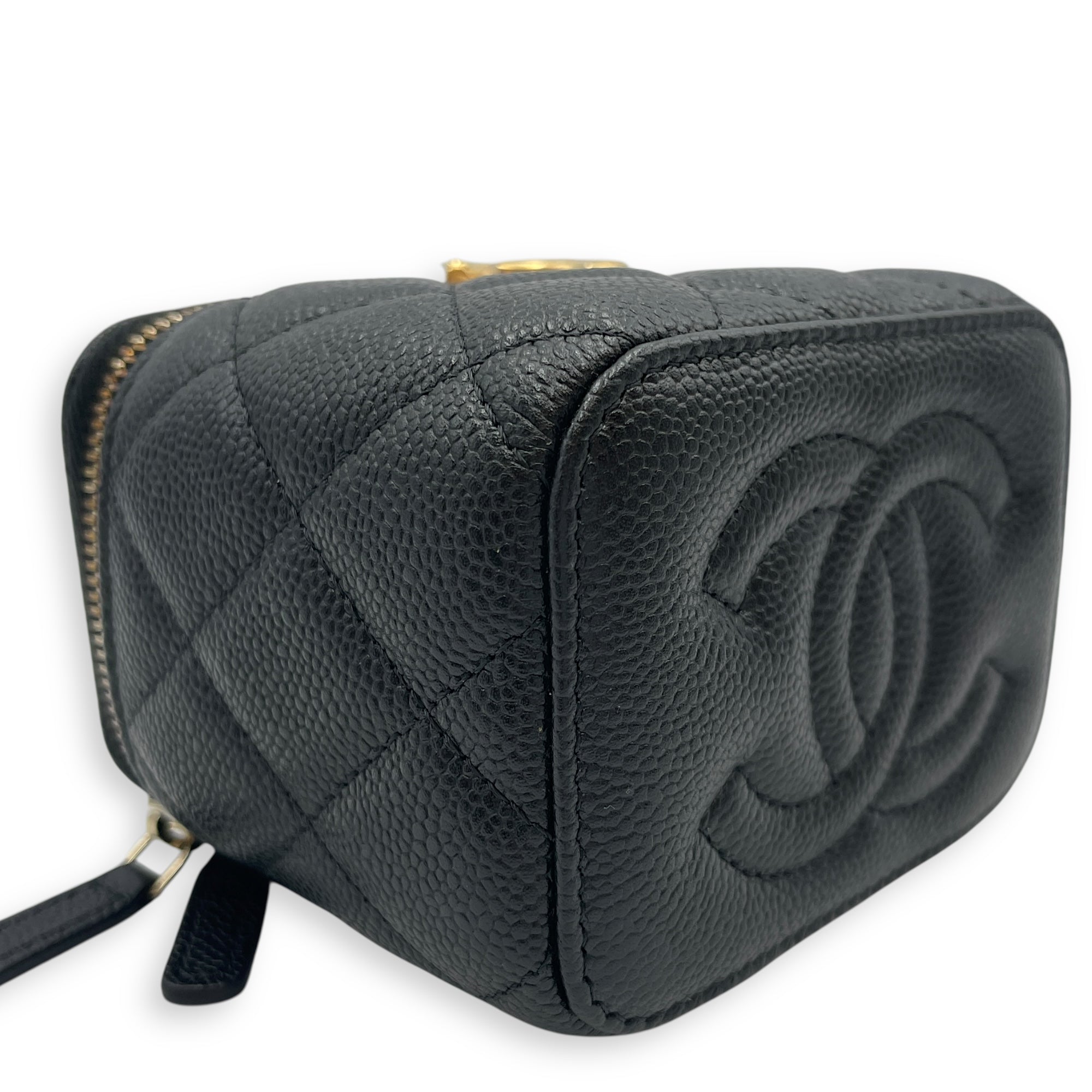 Heart Shaped Crush Chain Mini Black Vanity Bag in Caviar Leather, Gold hardware
