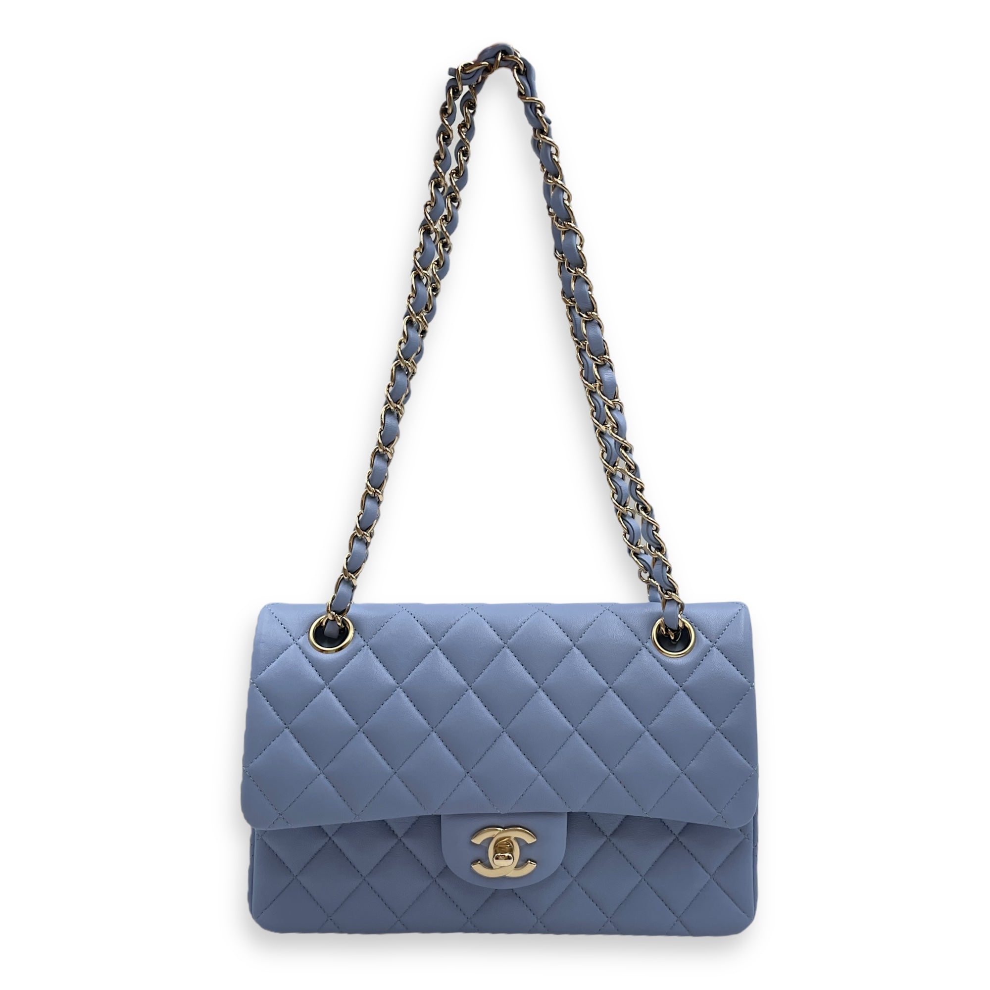 Classic Flap Small Blue Double Flap Bag in Lambskin Gold hardware