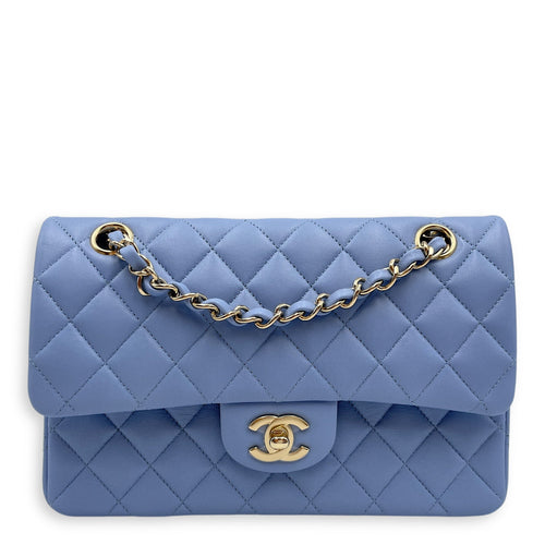 Classic Flap Small Blue Double Flap Bag in Lambskin Gold hardware