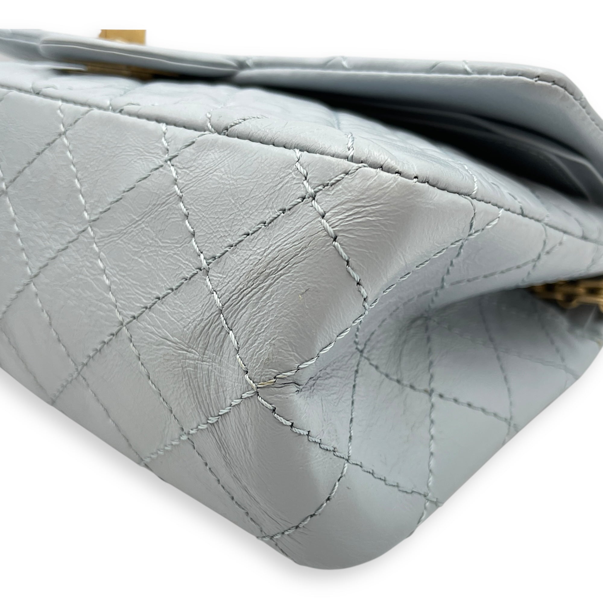 Reissue 2.55 Blue Double Flap Bag in Distressed Leather, Gold hardware