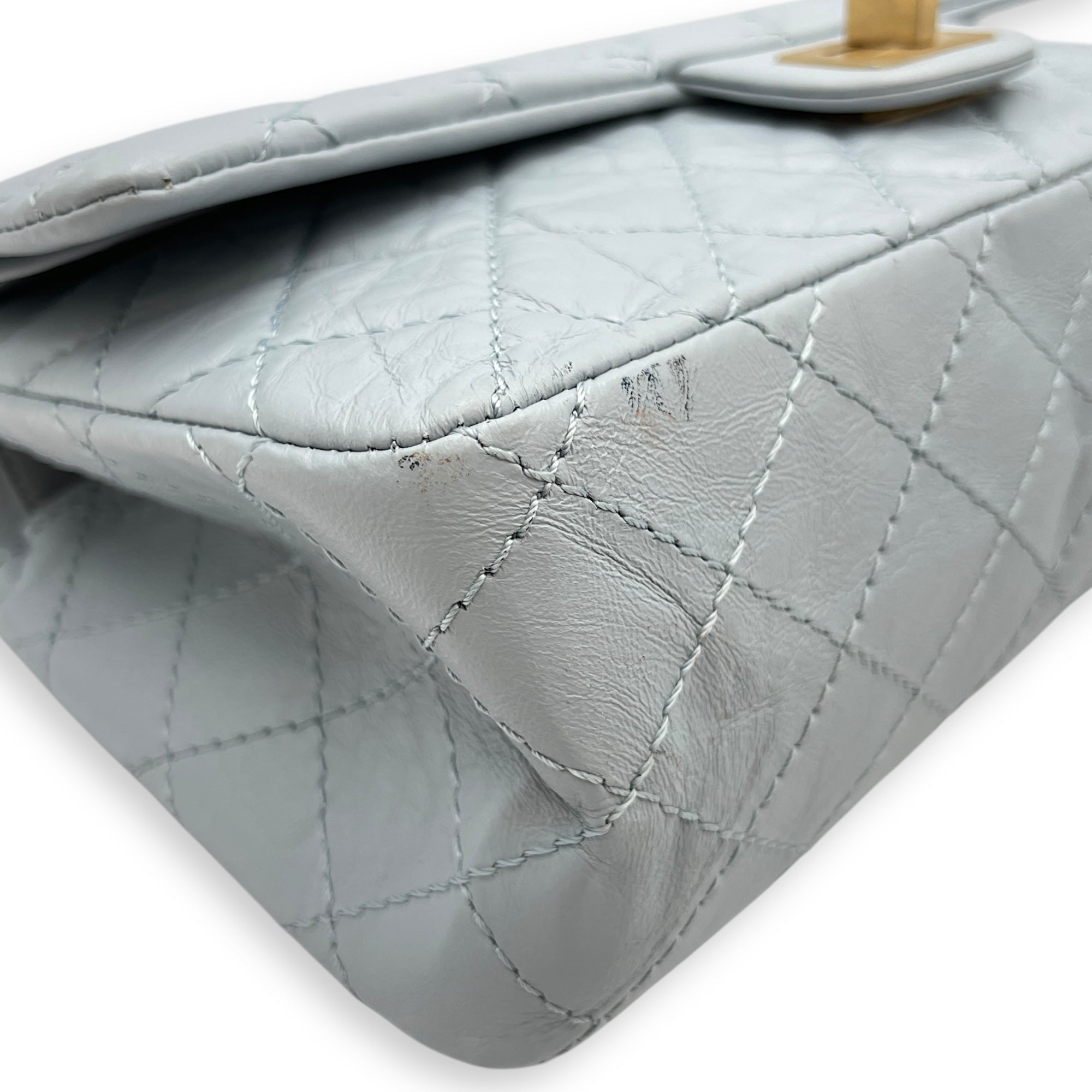 Reissue 2.55 Blue Double Flap Bag in Distressed Leather, Gold hardware