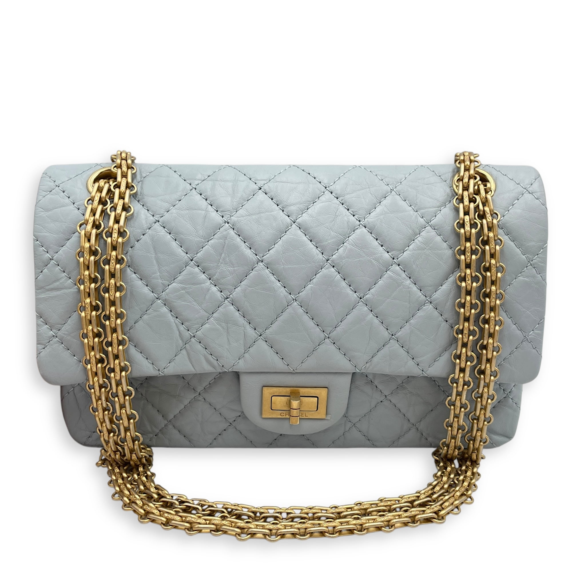 Reissue 2.55 Blue Double Flap Bag in Distressed Leather Gold hardware