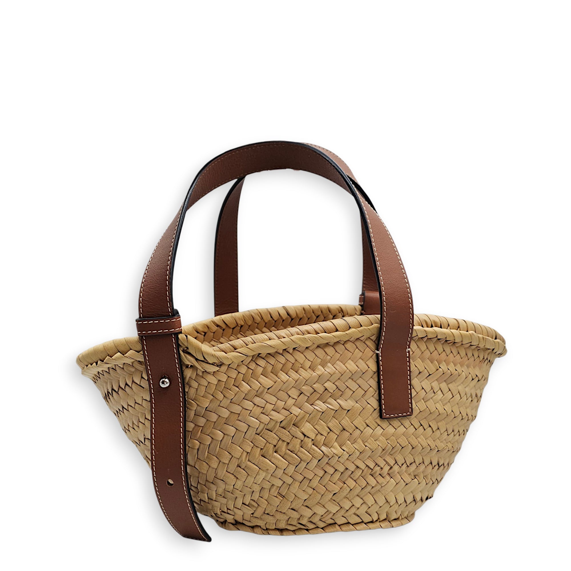 Basket Brown Top Handle Bag in Rattan, Silver hardware