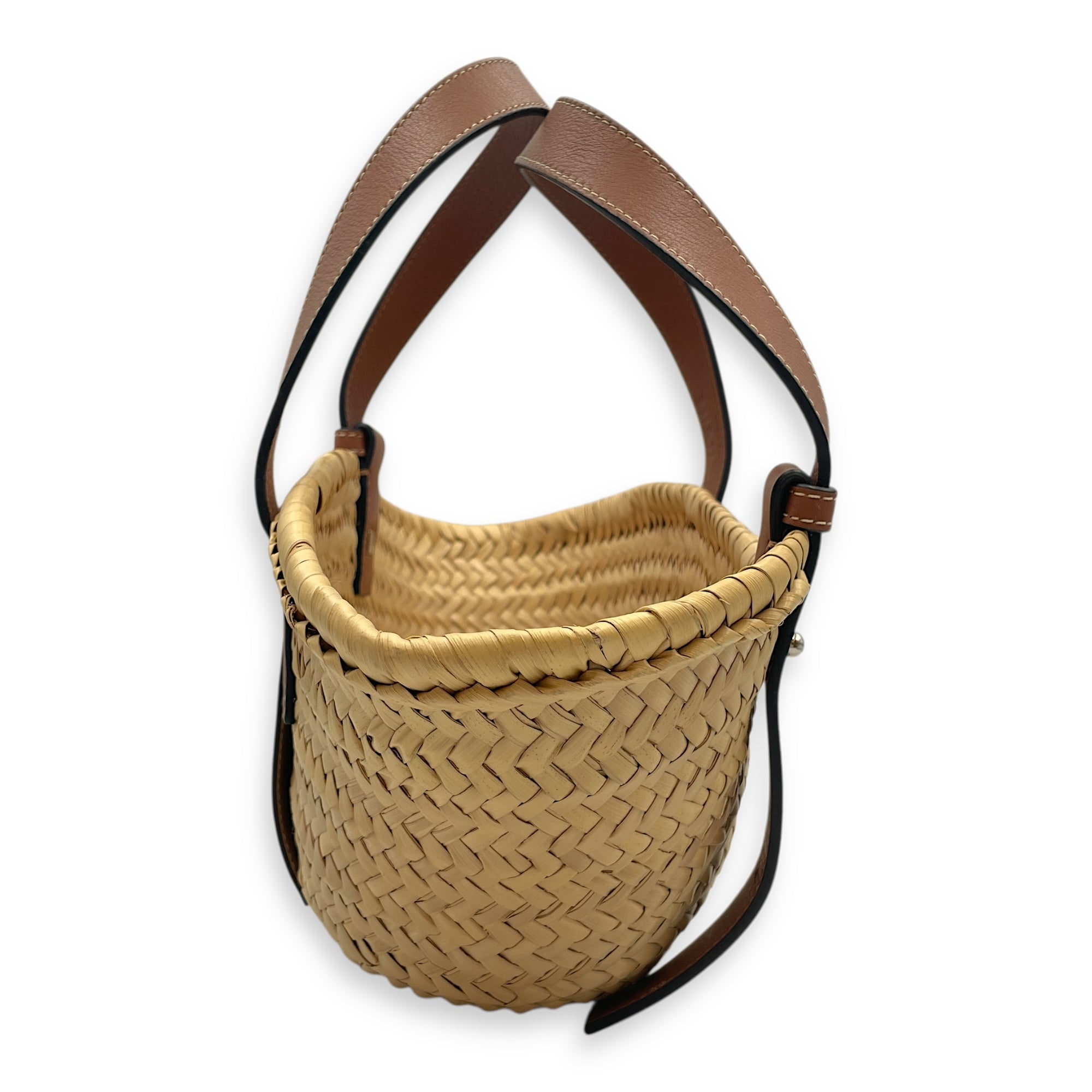 Basket Brown Top Handle Bag in Rattan, Silver hardware