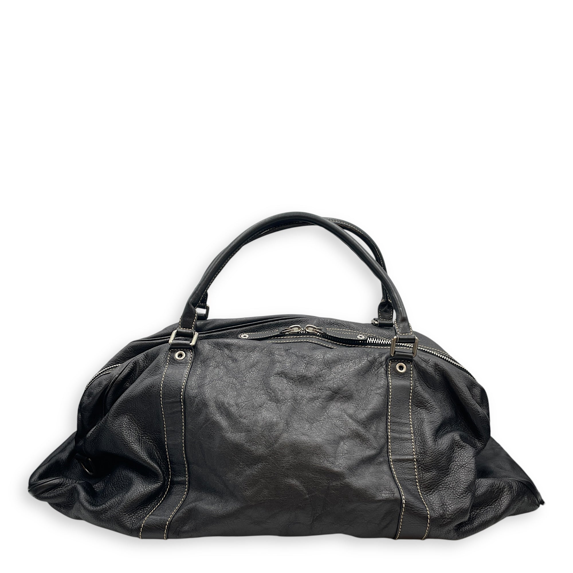 Duffle Black Bag in Calfskin, Silver hardware