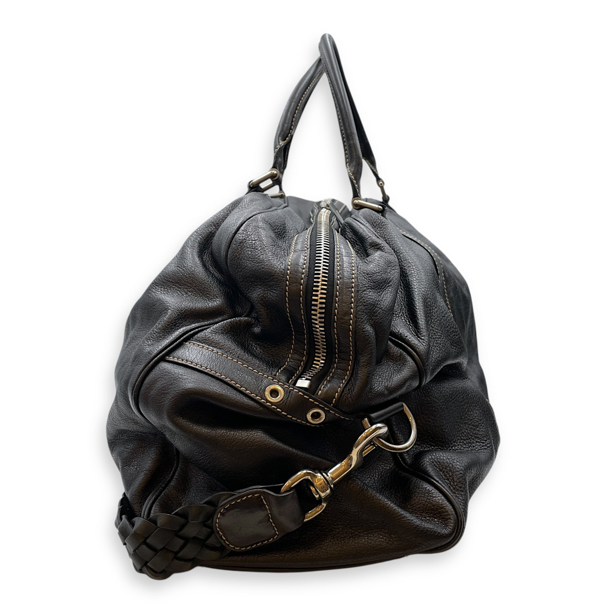 Duffle Black Bag in Calfskin, Silver hardware