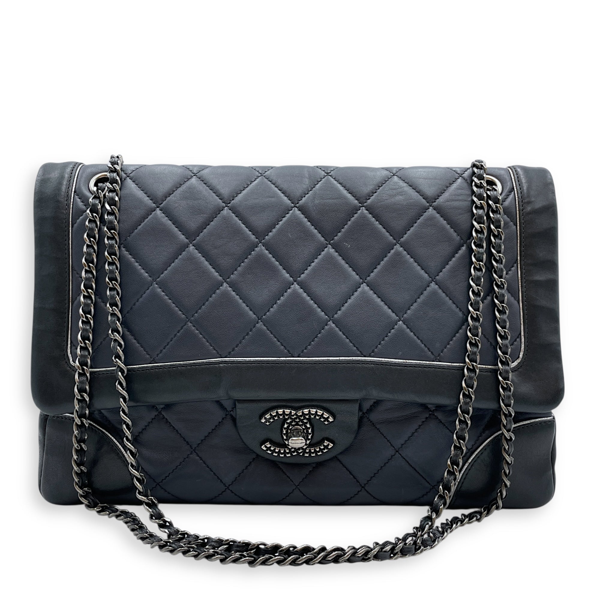 Tyrolean Paris Salzburg Single Large Black/Blue Flap Bag in Lambskin, Silver hardware