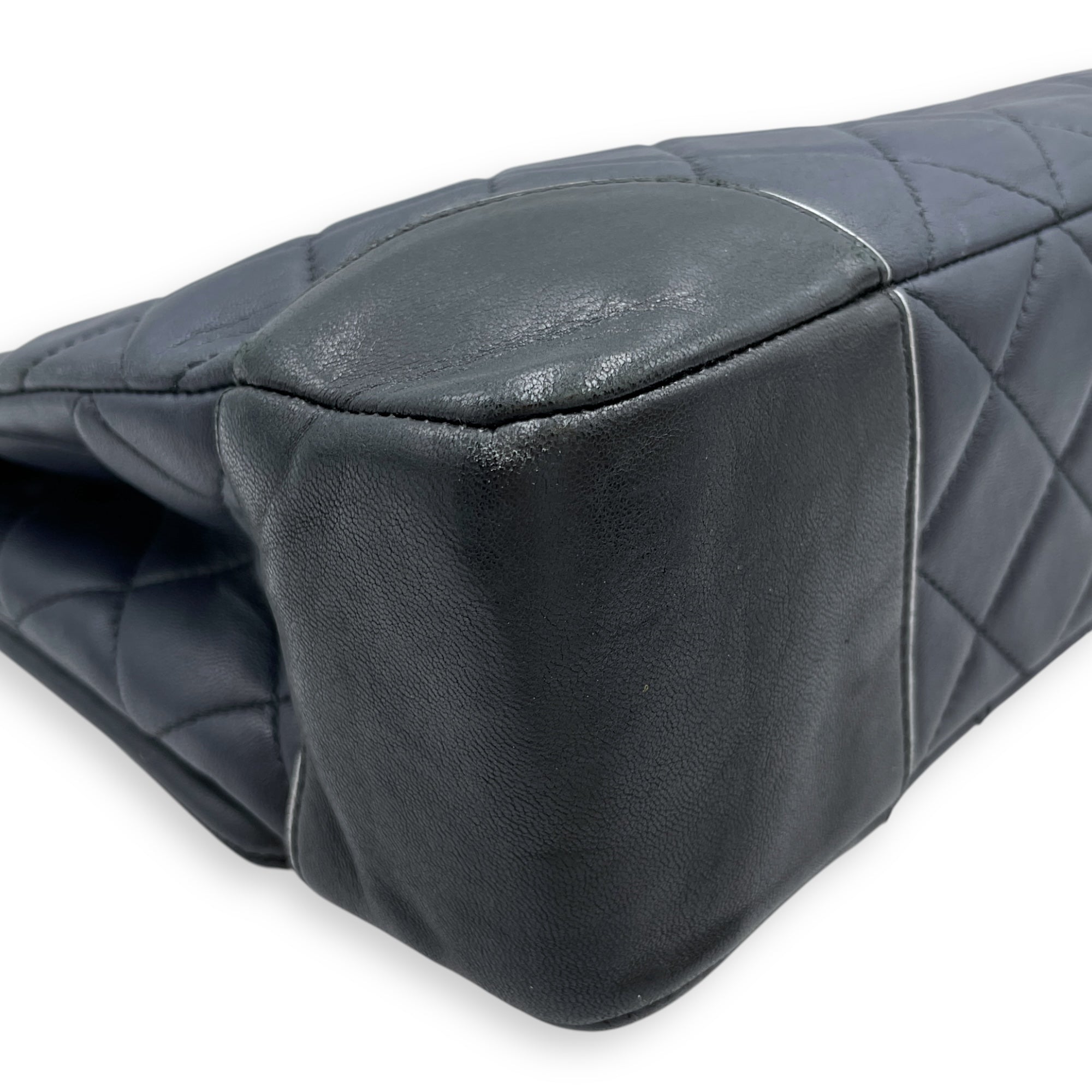 Tyrolean Paris Salzburg Single Large Black/Blue Flap Bag in Lambskin, Silver hardware