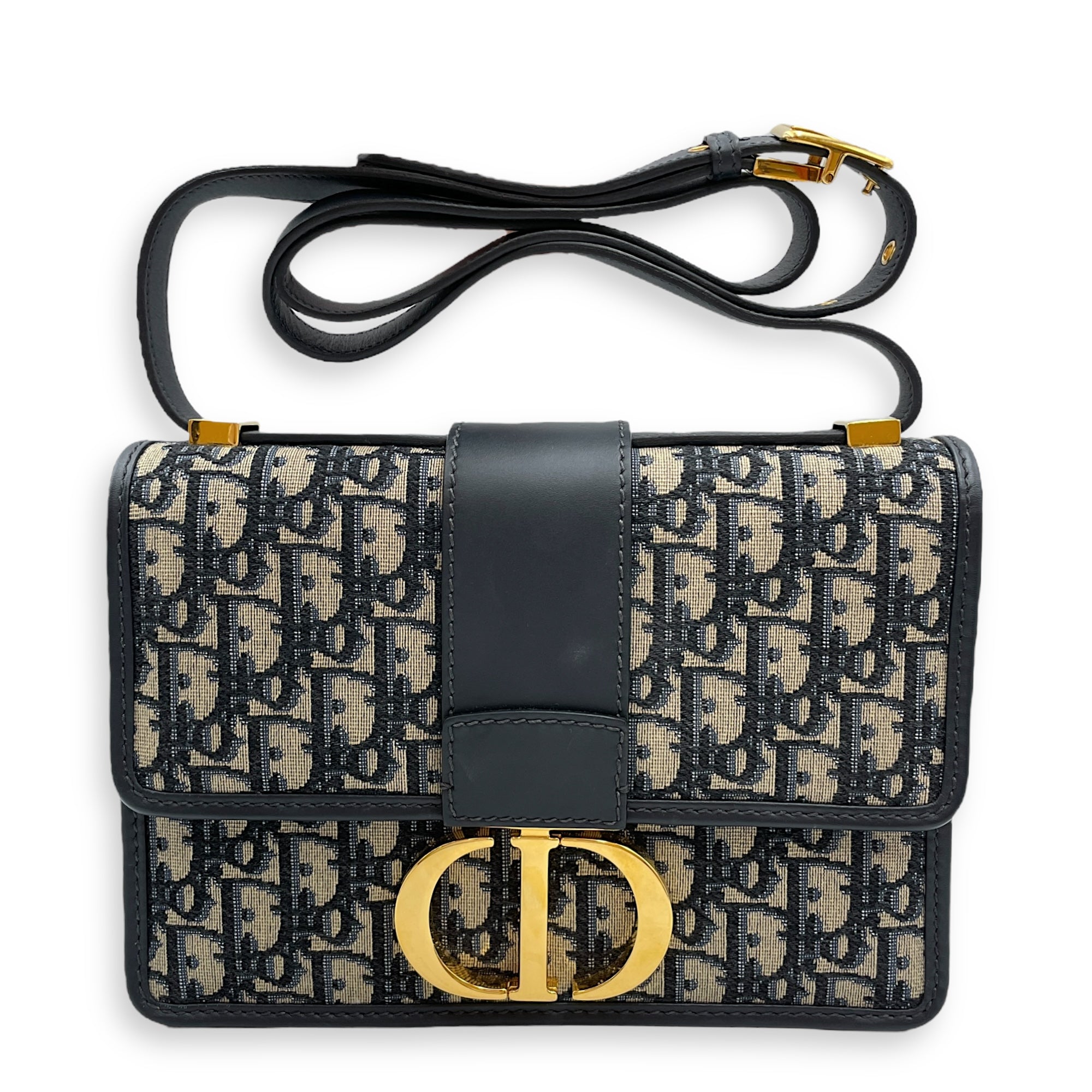 Oblique Montaigne 24cm Blue Crossbody Bag in Canvas, Gold hardware