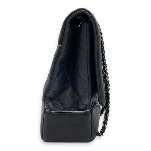 Tyrolean Paris Salzburg Single Large Black/Blue Flap Bag in Lambskin, Silver hardware