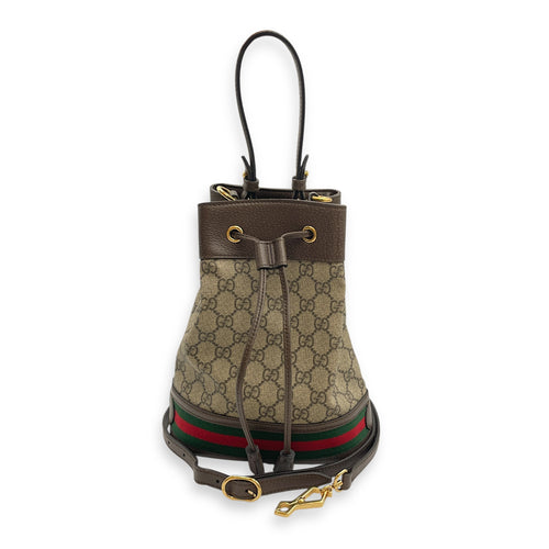 Ophidia Small Brown Bucket Bag in Canvas, Gold hardware