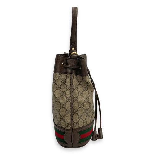 Ophidia Small Brown Bucket Bag in Canvas, Gold hardware