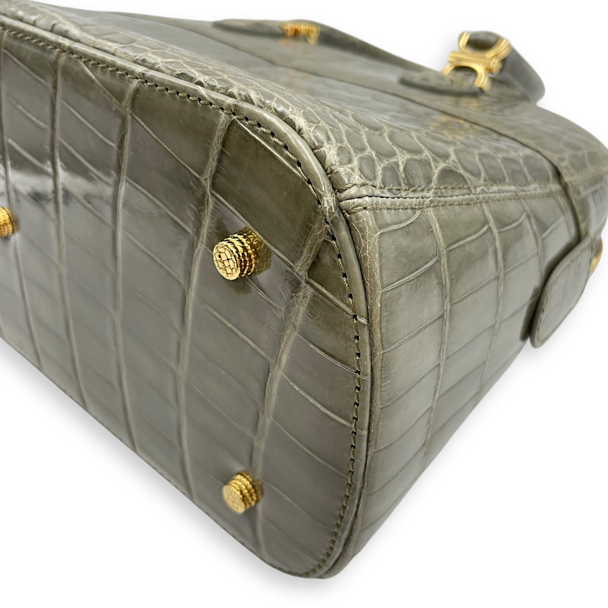Crocodile 29cm Green Top Handle Bag, Gold hardware