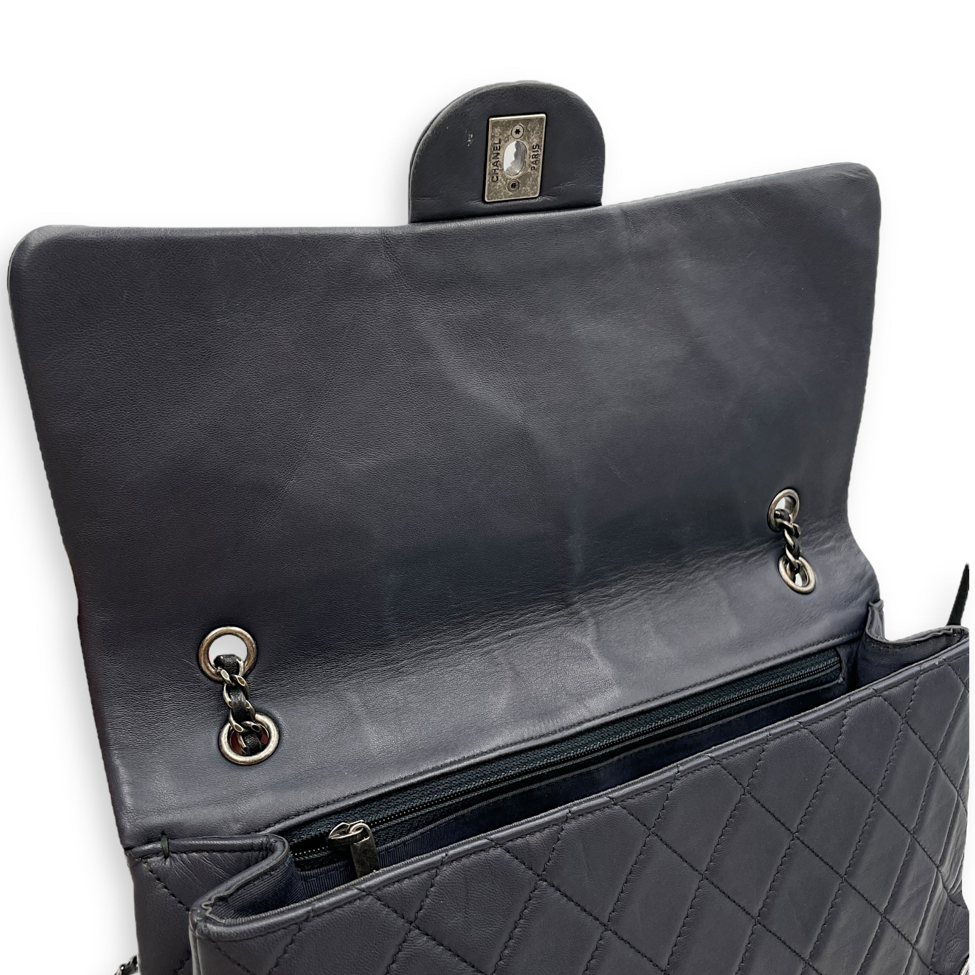 Tyrolean Paris Salzburg Single Large Black/Blue Flap Bag in Lambskin, Silver hardware