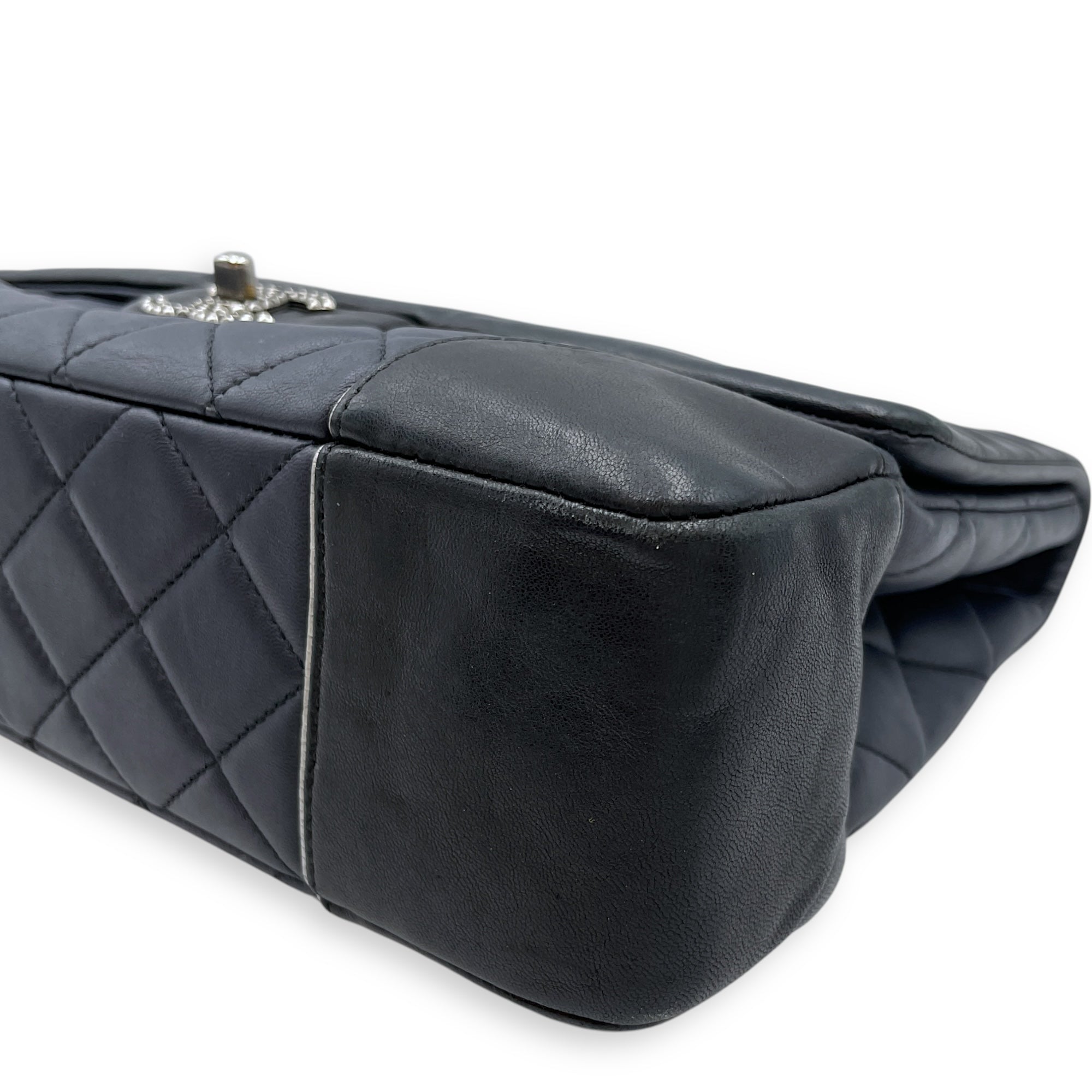 Tyrolean Paris Salzburg Single Large Black/Blue Flap Bag in Lambskin, Silver hardware