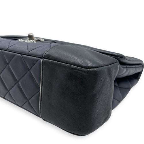 Tyrolean Paris Salzburg Single Large Black/Blue Flap Bag in Lambskin, Silver hardware