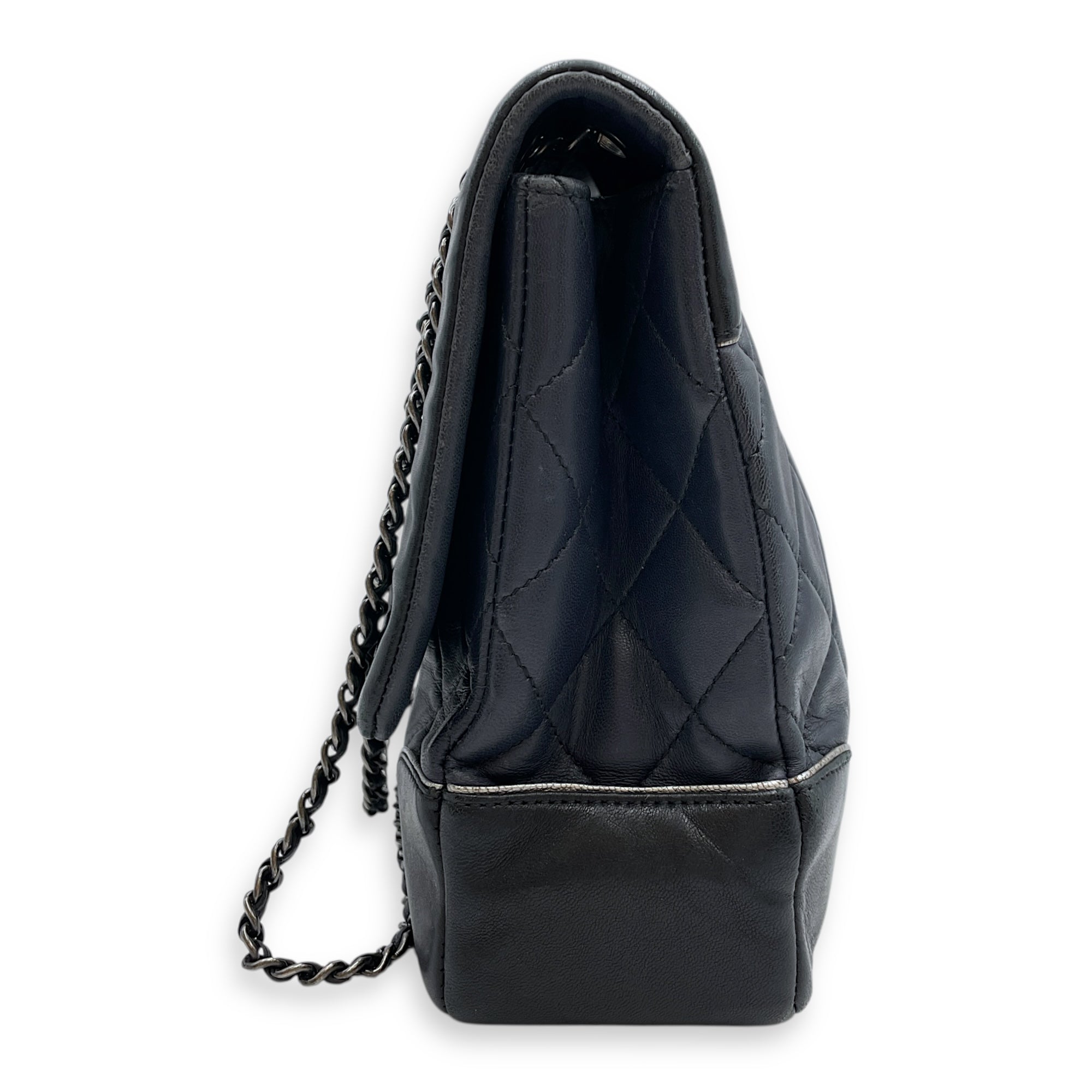 Tyrolean Paris Salzburg Single Large Black/Blue Flap Bag in Lambskin, Silver hardware