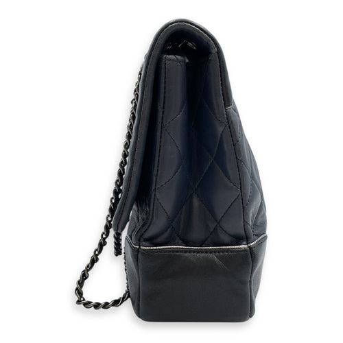 Tyrolean Paris Salzburg Single Large Black/Blue Flap Bag in Lambskin, Silver hardware