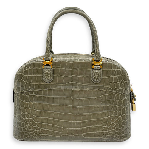 Crocodile 29cm Green Top Handle Bag, Gold hardware