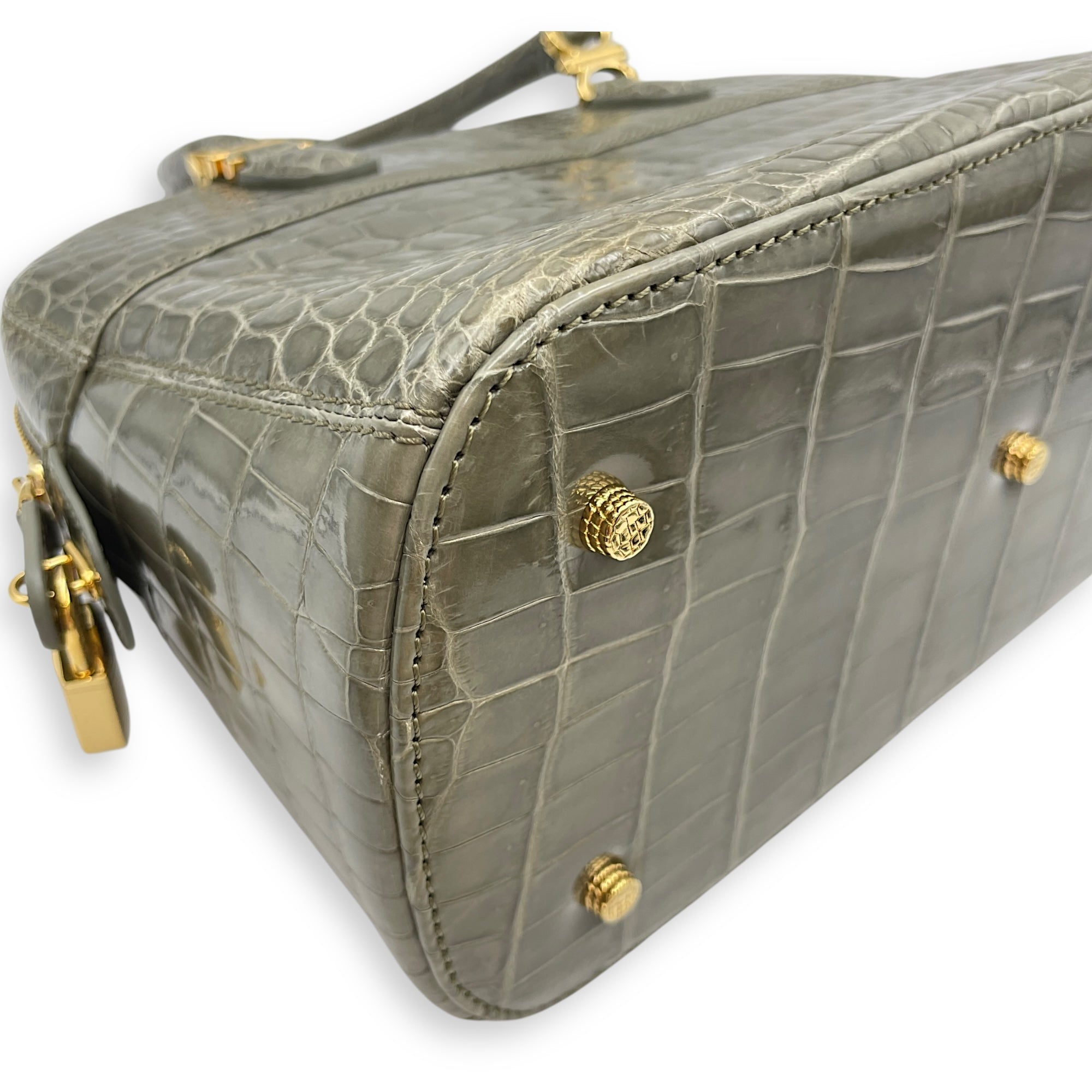 Crocodile 29cm Green Top Handle Bag, Gold hardware
