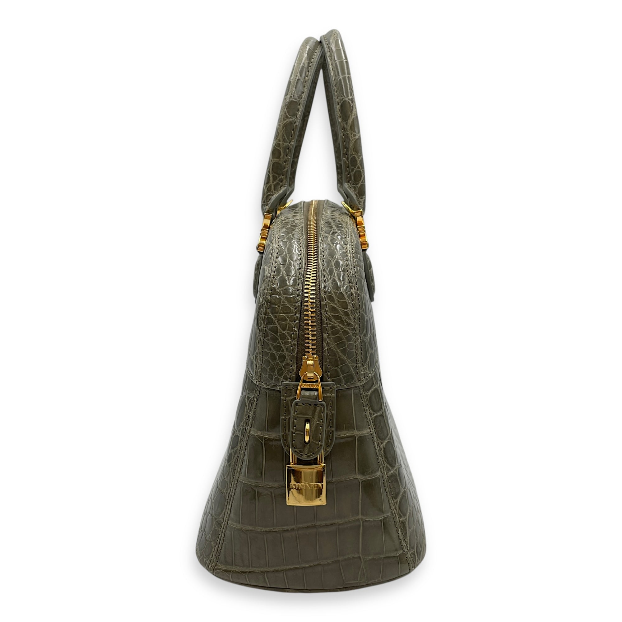 Crocodile 29cm Green Top Handle Bag, Gold hardware