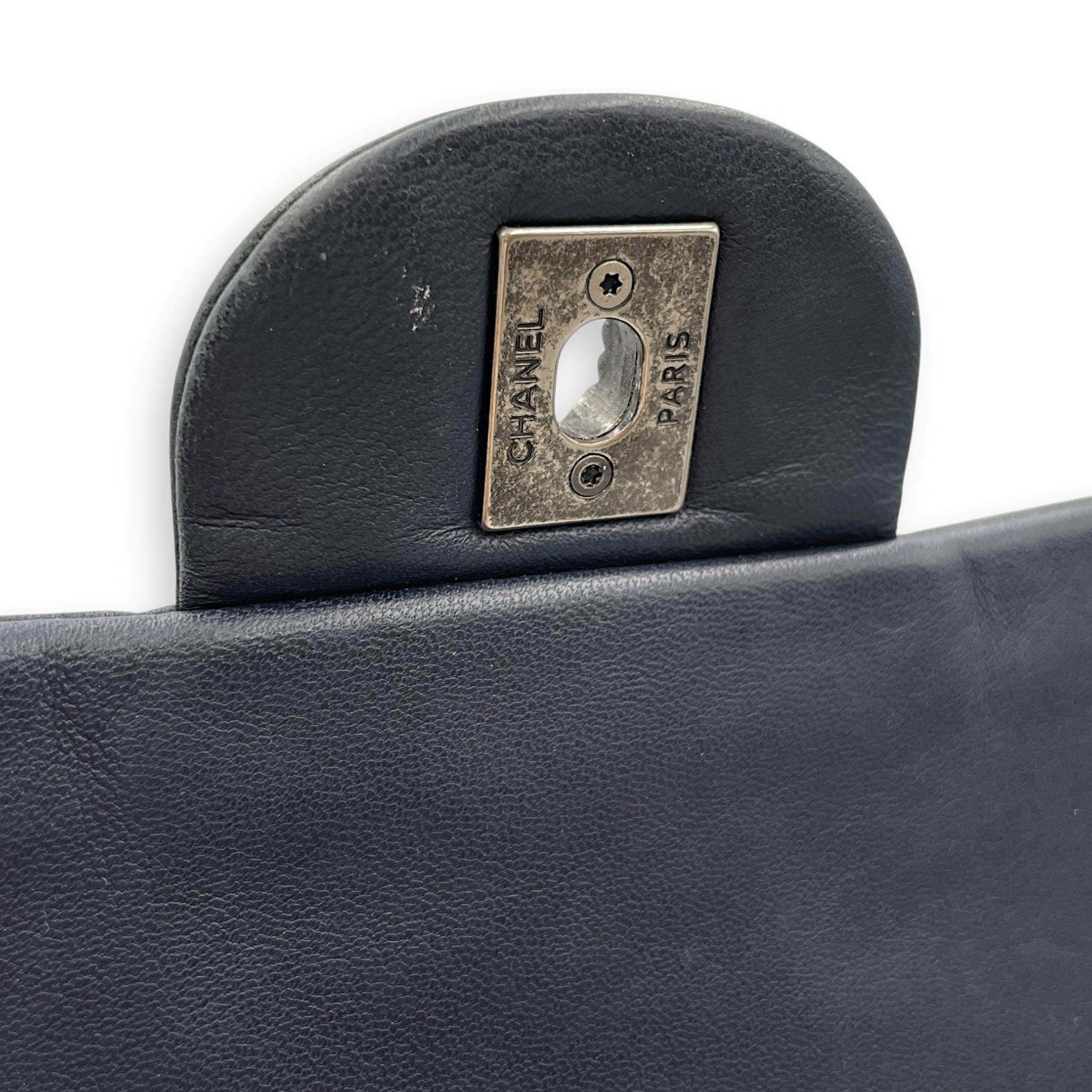 Tyrolean Paris Salzburg Single Large Black/Blue Flap Bag in Lambskin, Silver hardware