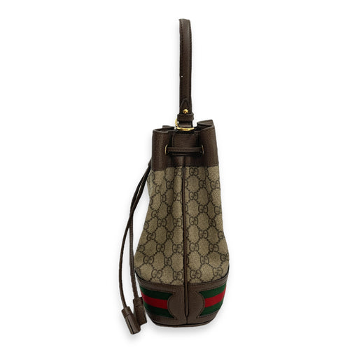 Ophidia Small Brown Bucket Bag in Canvas, Gold hardware