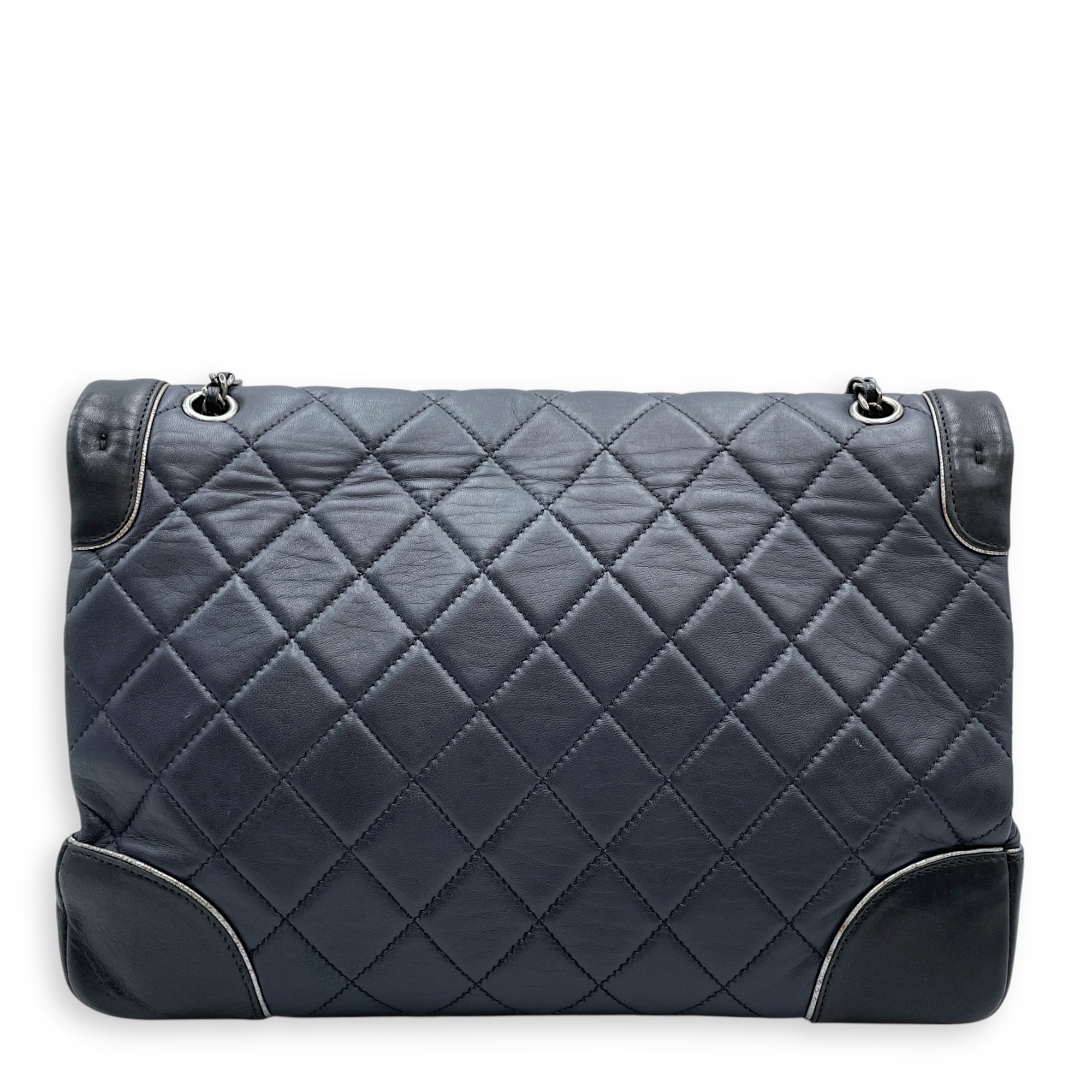 Tyrolean Paris Salzburg Single Large Black/Blue Flap Bag in Lambskin, Silver hardware