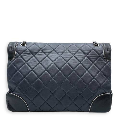 Tyrolean Paris Salzburg Single Large Black/Blue Flap Bag in Lambskin, Silver hardware