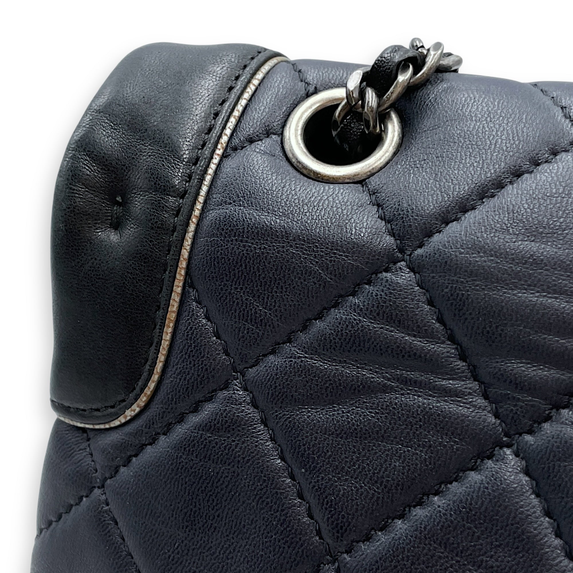 Tyrolean Paris Salzburg Single Large Black/Blue Flap Bag in Lambskin, Silver hardware