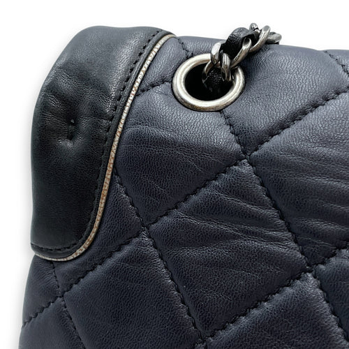 Tyrolean Paris Salzburg Single Large Black/Blue Flap Bag in Lambskin, Silver hardware