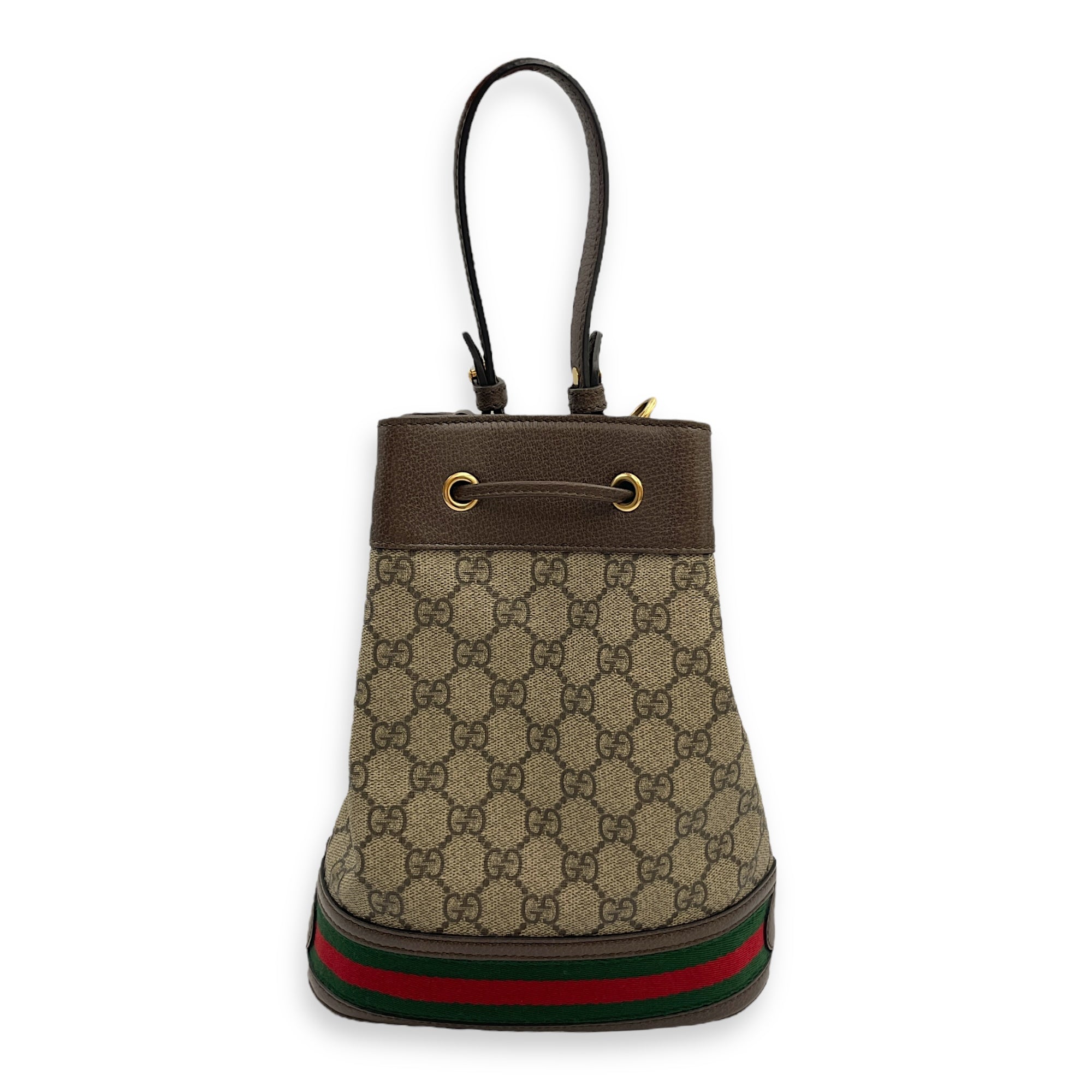 Ophidia Small Brown Bucket Bag in Canvas, Gold hardware