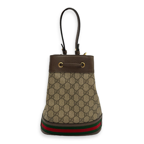 Ophidia Small Brown Bucket Bag in Canvas, Gold hardware