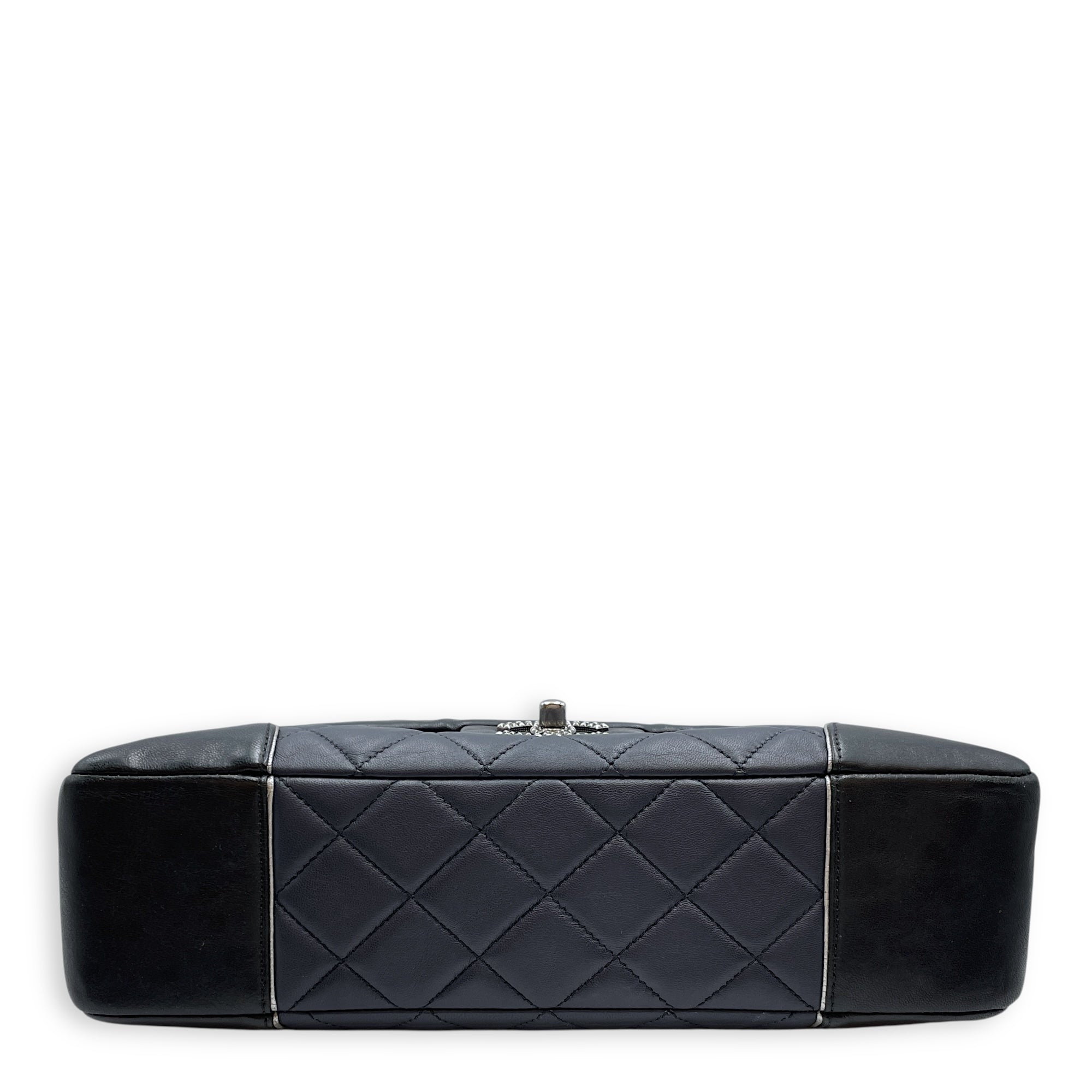 Tyrolean Paris Salzburg Single Large Black/Blue Flap Bag in Lambskin, Silver hardware